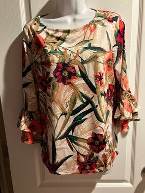 Cocomo Cream Floral Ruffle Sleeve Top with Coral & Green Accents